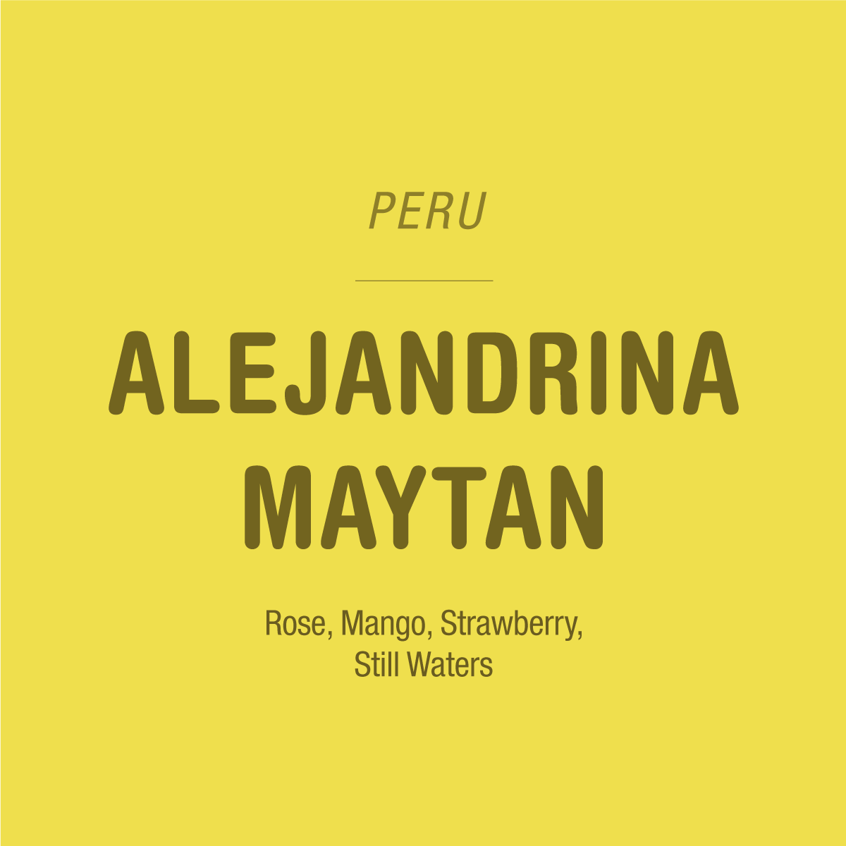 Yellow background with text: PERU above ALEJANDRINA MAYTAN in large bold letters. Below, smaller text reads: Rose, Mango, Strawberry, Still Waters. Sourced from the Inkawasi Valley and crafted from Inca Gesha and SL-9 coffee varieties. Tandem Coffee Roasters – Alejandrina Maytan – Peru.