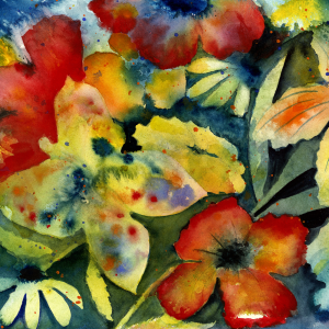 Inspired by Adrianne Lenker - Songs and Instrumentals, this Tandem Coffee Roasters piece features abstract watercolor flowers in red, yellow, white, and blue with soft brushstrokes for an artistic, lively design.