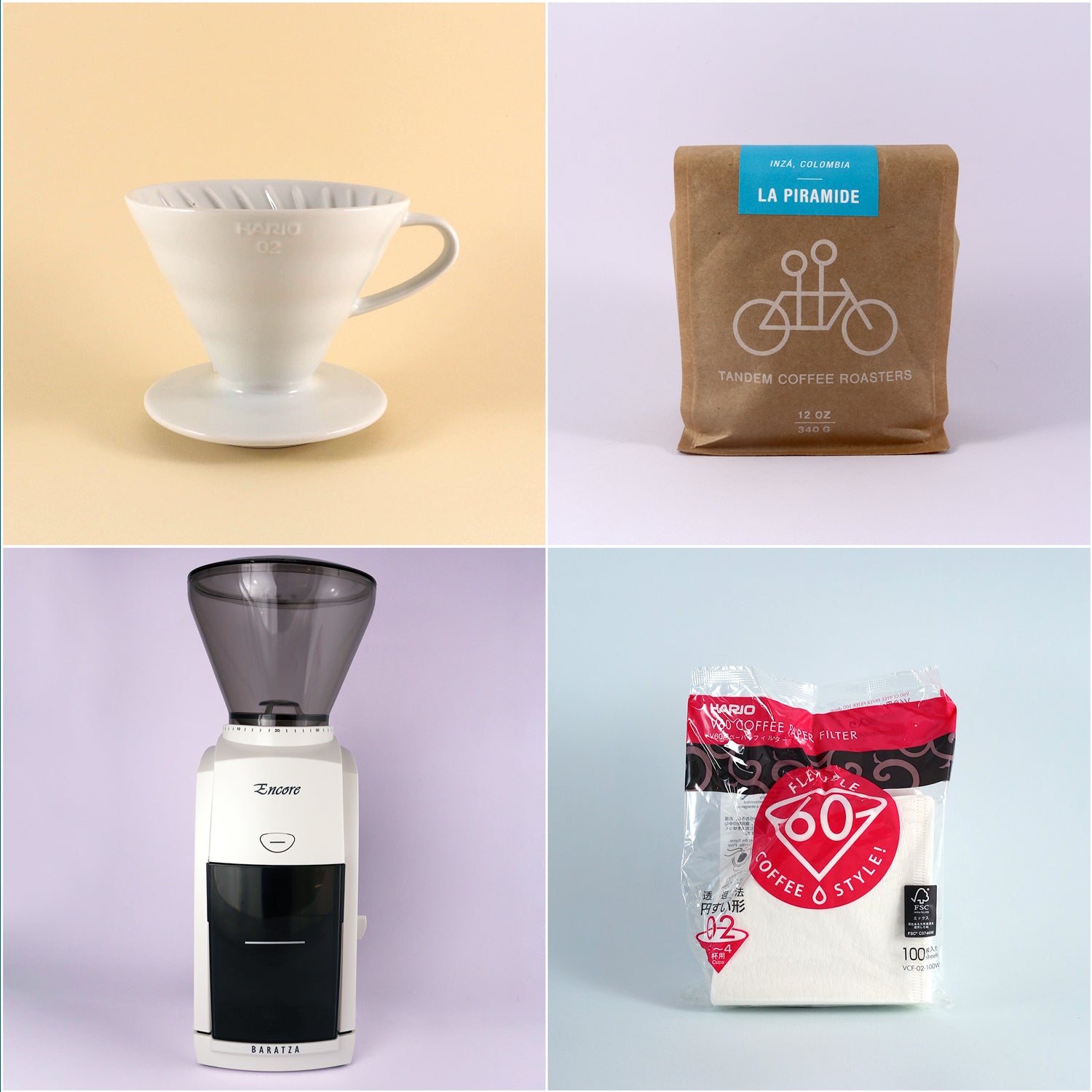 Four images displaying coffee products: top left, a white Tandem Coffee Roasters V60 Starter Kit coffee dripper; top right, a bag of freshly roasted La Piramide coffee beans; bottom left, a Baratza.
