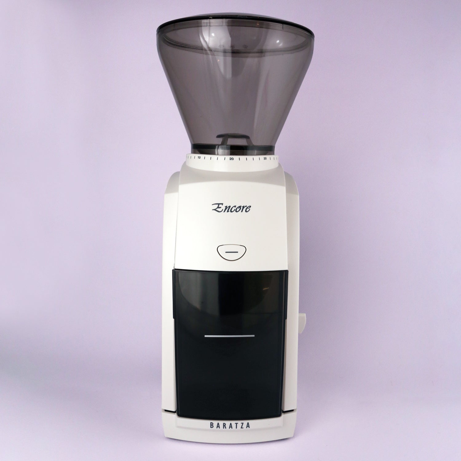An electric Tandem Baratza Encore Coffee Grinder with a clear bean hopper on top and a black ground coffee bin below, against a light purple background.