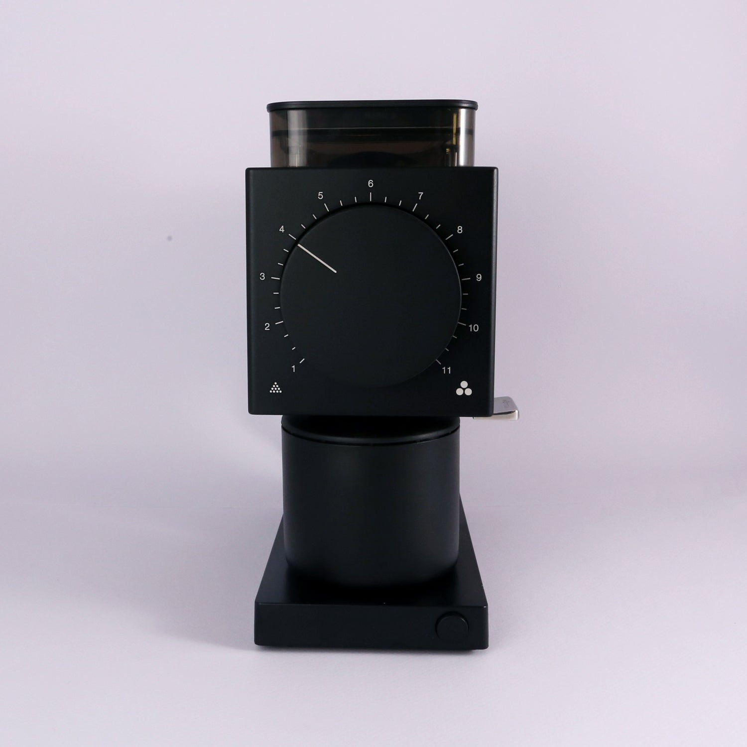 The Tandem Fellow Ode Brew Grinder Gen 2 is a modern black flat burr grinder featuring a large front circular dial with numbered settings, minimalist design, and a small right-side handle set against a light background.
