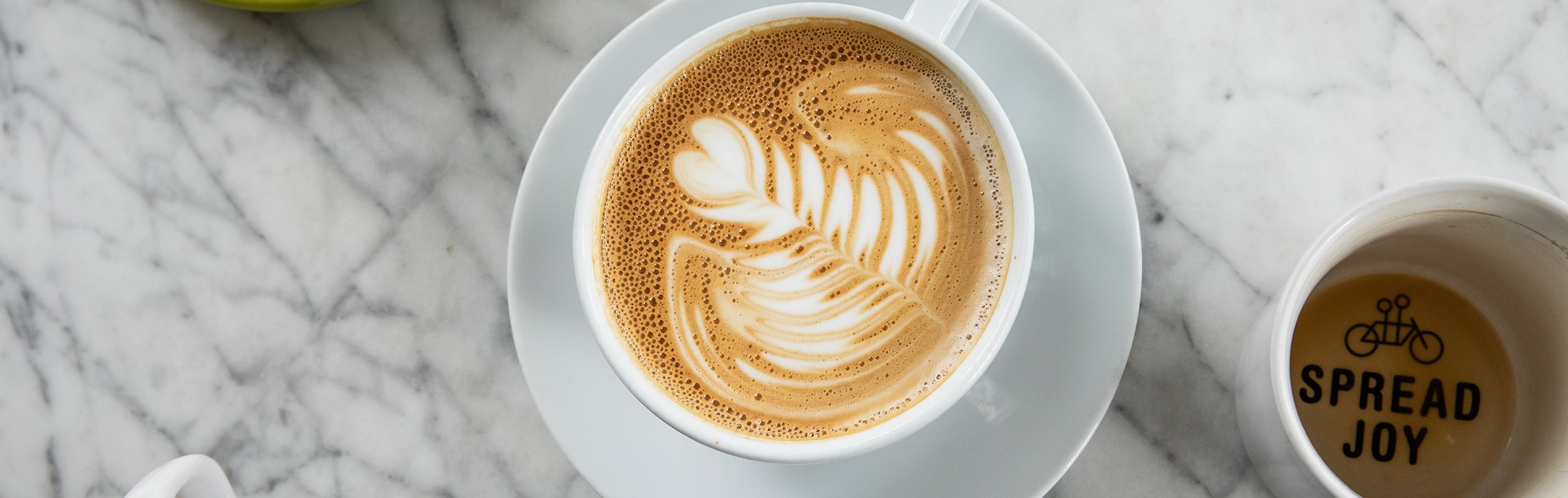 A cup of latte with beautiful leaf-like latte art sits on a white saucer on a marble surface beside another cup with "SPREAD JOY" and a bicycle illustration inside.