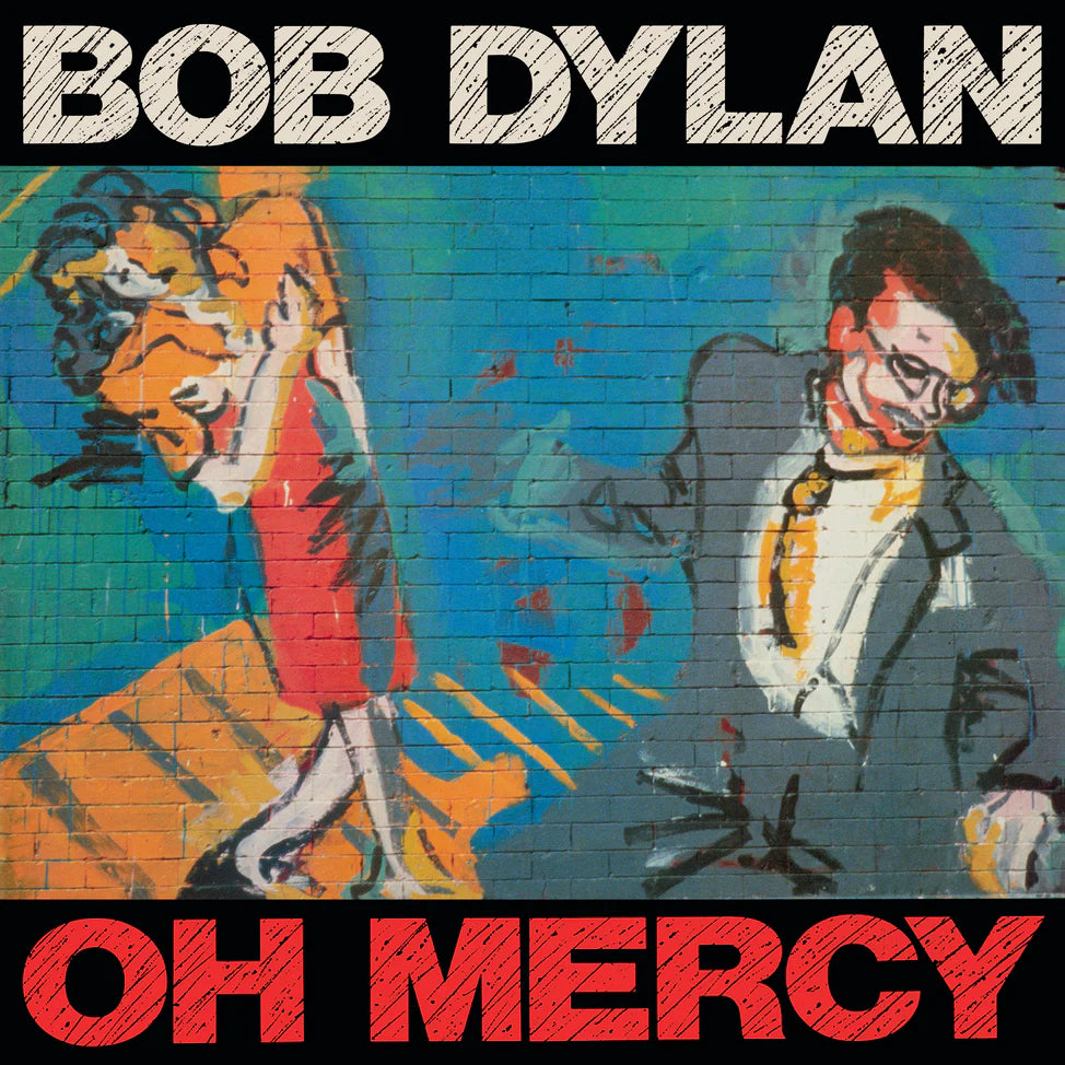 Album cover for Bob Dylan - Oh Mercy by Tandem Coffee Roasters, showing painted dancers against a blue brick wall, with bold, textured title and artist name that capture themes from tracks like “Political World.”.