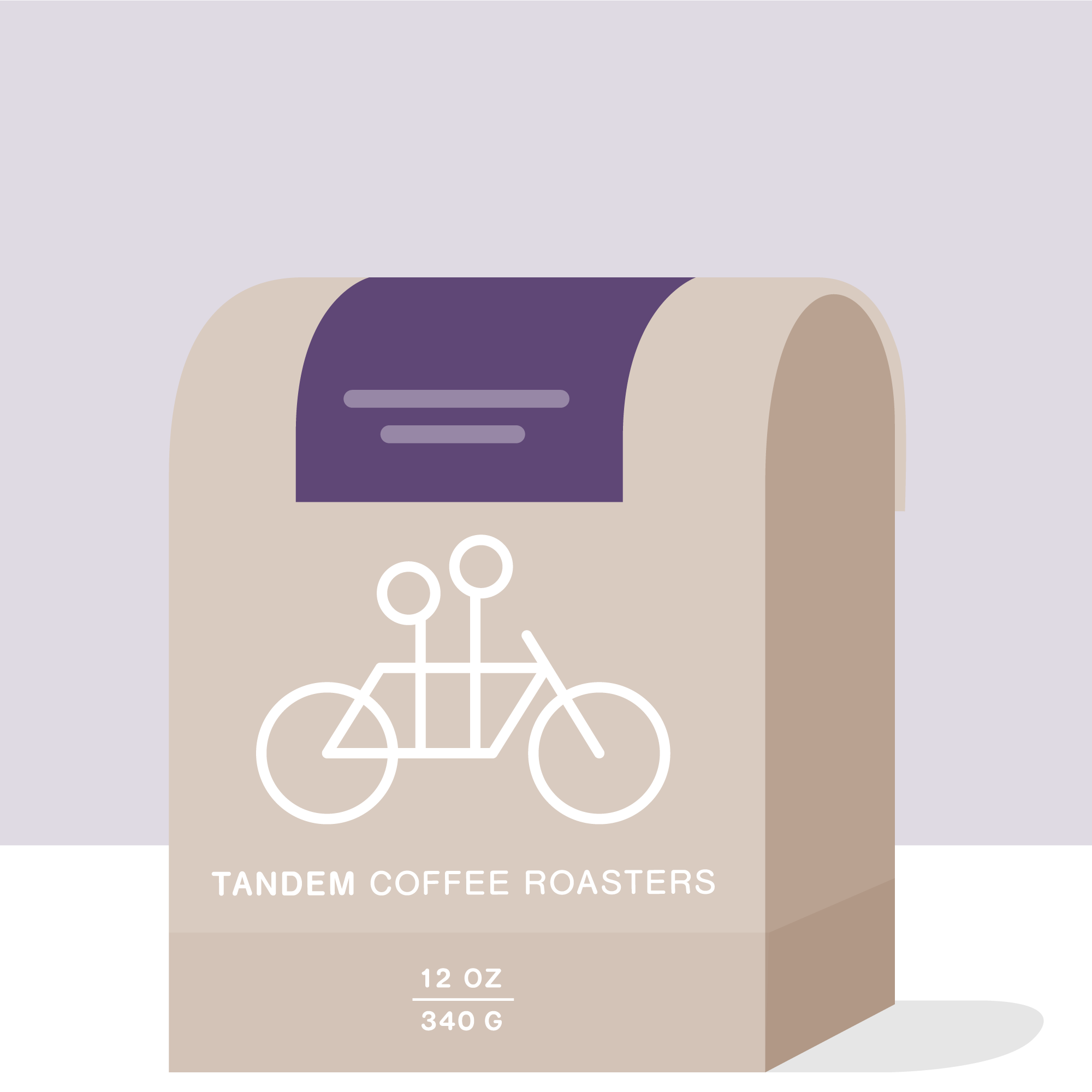 A beige 12 oz (340 g) Tandem Coffee Roasters bag features a simple white tandem bicycle and the text "Chelbesa - Ethiopia" on a purple label, highlighting this exceptional coffee from SNAP Coffee.