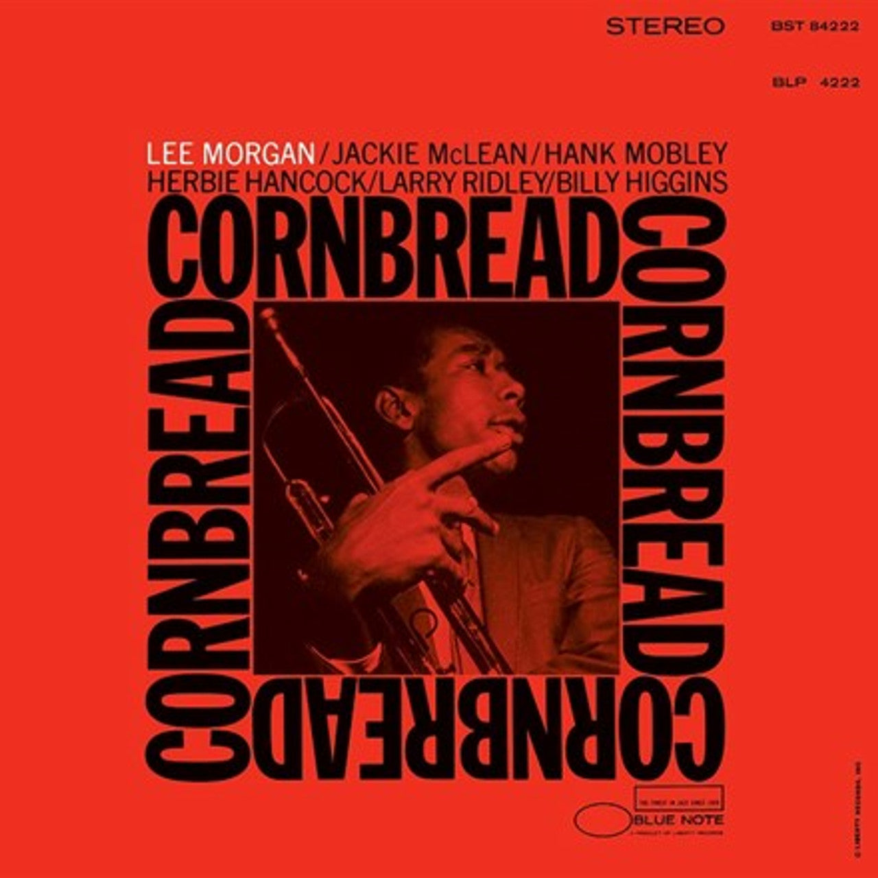 Album cover for Lee Morgan - Cornbread by Tandem Coffee Roasters features a red background, black-and-white photo of Morgan with a trumpet, and bold black Cornbread text around the image, evoking the mood of Lonely Woman.