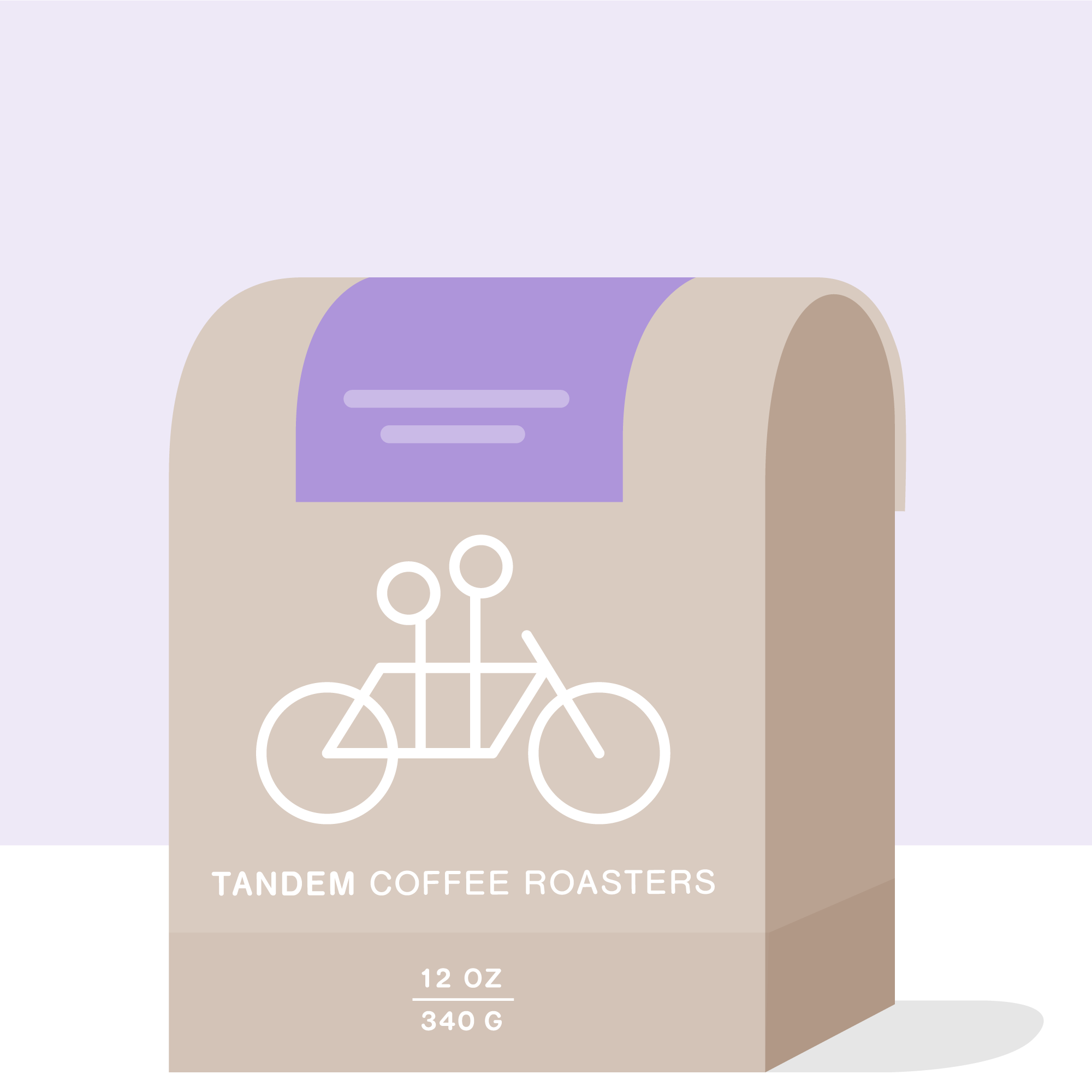 A beige Tandem Coffee Roasters bag shows a white tandem bike and "12 oz (340 g)" text on the lower front. A purple label at the top spotlights Danche - Ethiopia, a washed coffee from Danche station.