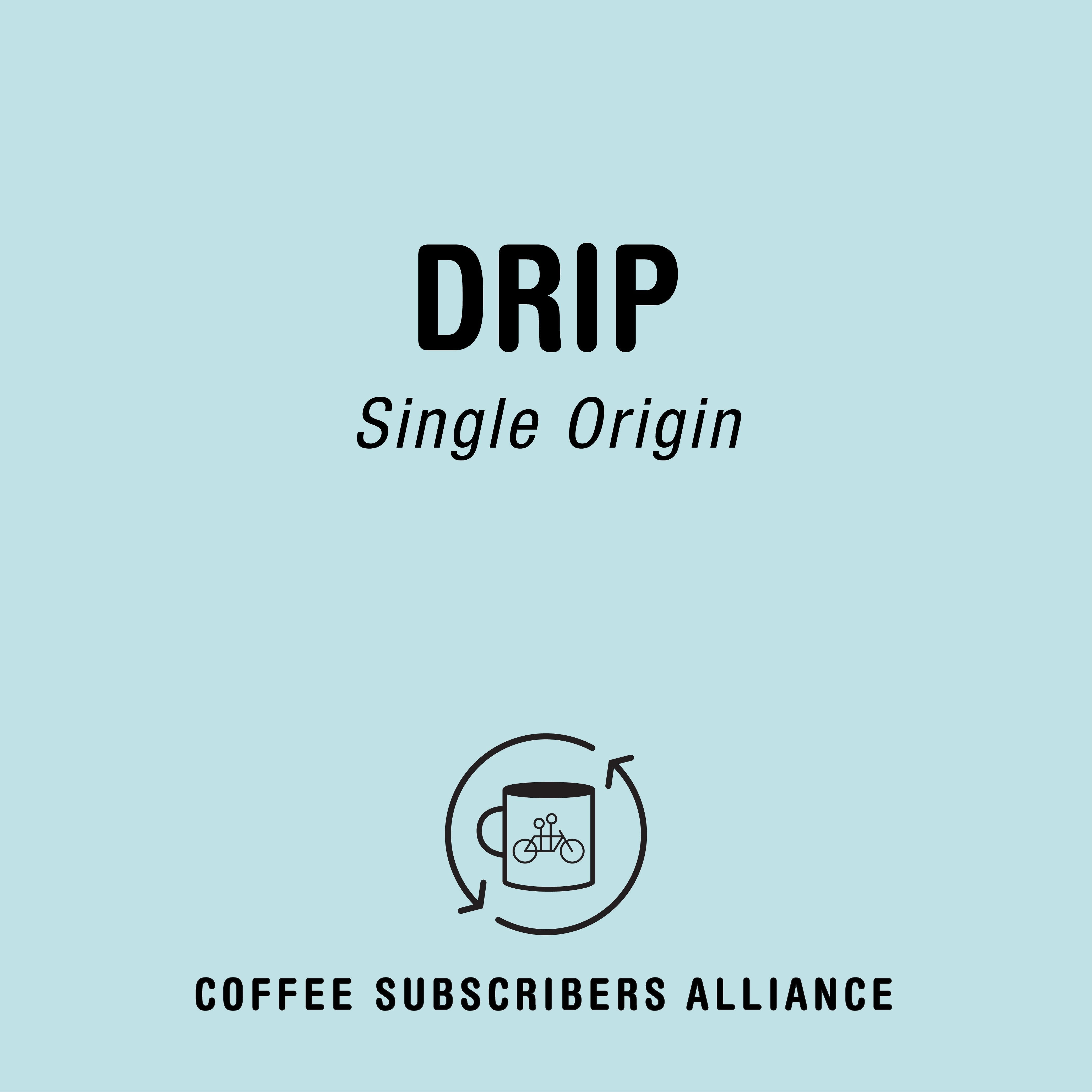 Image of a turquoise background with the text "Drip Gift Subscription" in the center. Below it is a circular logo with a coffee cup and arrows, and the text "Tandem Coffee Roasters" at the bottom. Perfect for those who love roaster’s favorite offerings in their coffee subscription.