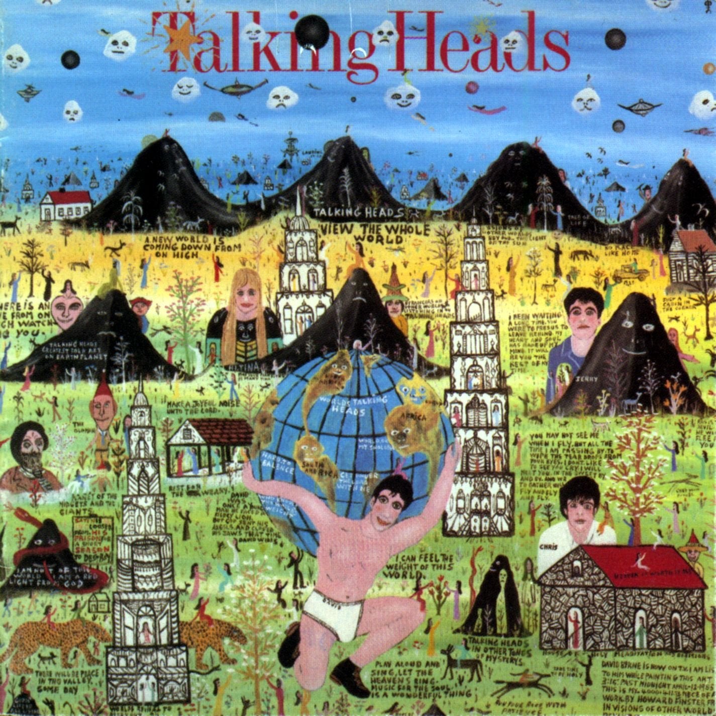 The Tandem Coffee Roasters "Talking Heads - Little Creatures" features a colorful, folk-art style label with illustrated figures, animals, and buildings—evoking the album's vibrant, imaginative vibe.
