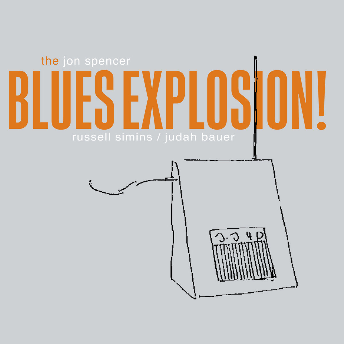 Light gray album cover for Tandem Coffee Roasters' "The Jon Spencer Blues Explosion" features bold orange text, band member names in white, and a simple line drawing of a radio—referencing the rare "Bellbottoms" single.