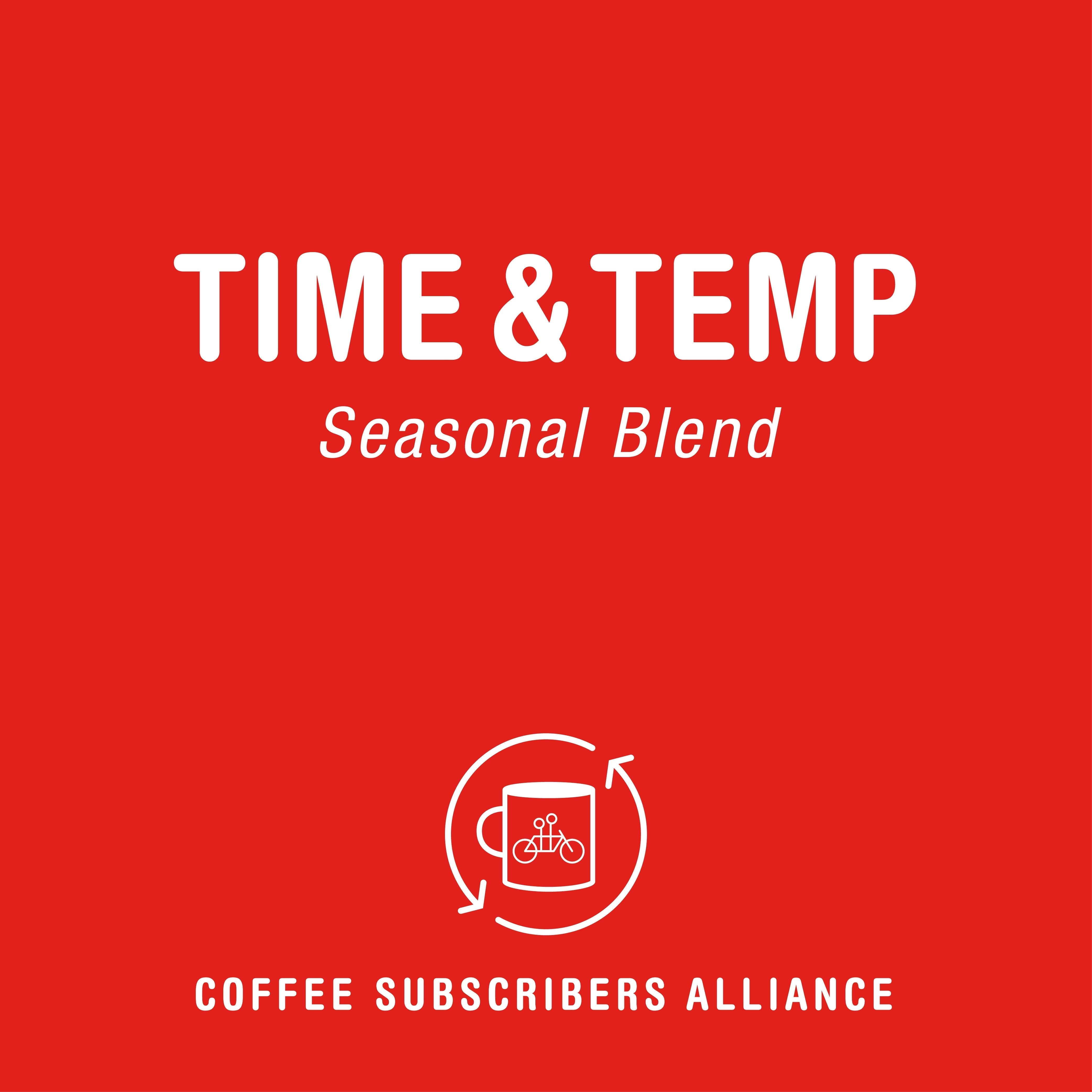 A red background displays white text that reads "TIME & TEMPERATURE Gift Subscription" above an icon of a coffee cup with arrows encircling it. Below the icon, it reads "TANDEM COFFEE ROASTERS," featuring crisp acidity and punchy sweetness.
