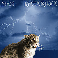 A tabby cat with its mouth open is set against a stormy sky with lightning. At the top, “SMOG” and “KNOCK KNOCK” appear in bold text—artwork for Tandem Coffee Roasters' Smog - Knock Knock blend.