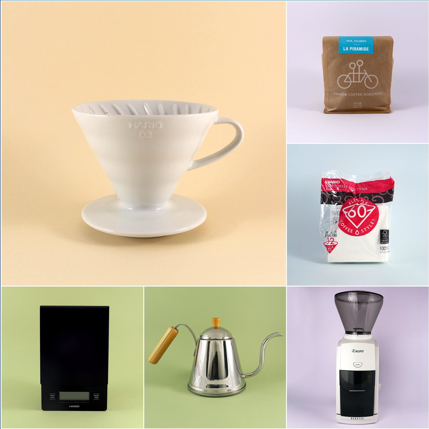 A grid of six images showcasing the V60 Starter Kit from Tandem Coffee Roasters: a white Hario V60 dripper, a bag of coffee beans, a pack of Hario coffee filters, a digital coffee scale, a gooseneck kettle, and an electric coffee grinder.