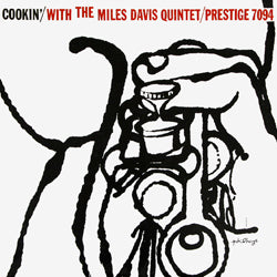 Tandem Coffee Roasters’ Miles Davis - Cookin with the Miles Davis Quintet features a black line drawing of a hand holding a trumpet, red and black top text, Prestige 7094, and tracks like Airegin and Blues by Five.