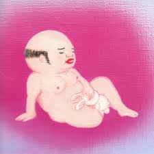 A stylized painting of a nude figure with bold features reclines on pink, holding a white stuffed animal—artwork inspired by Jim Orourke - Eureka from Tandem Coffee Roasters.