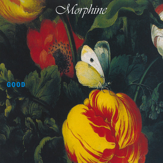 A white butterfly sits on a yellow and red flower among lush leaves and red blossoms. "Morphine - Good" by Tandem Coffee Roasters appears in the image, suggesting an album cover or possible tracklist titles.