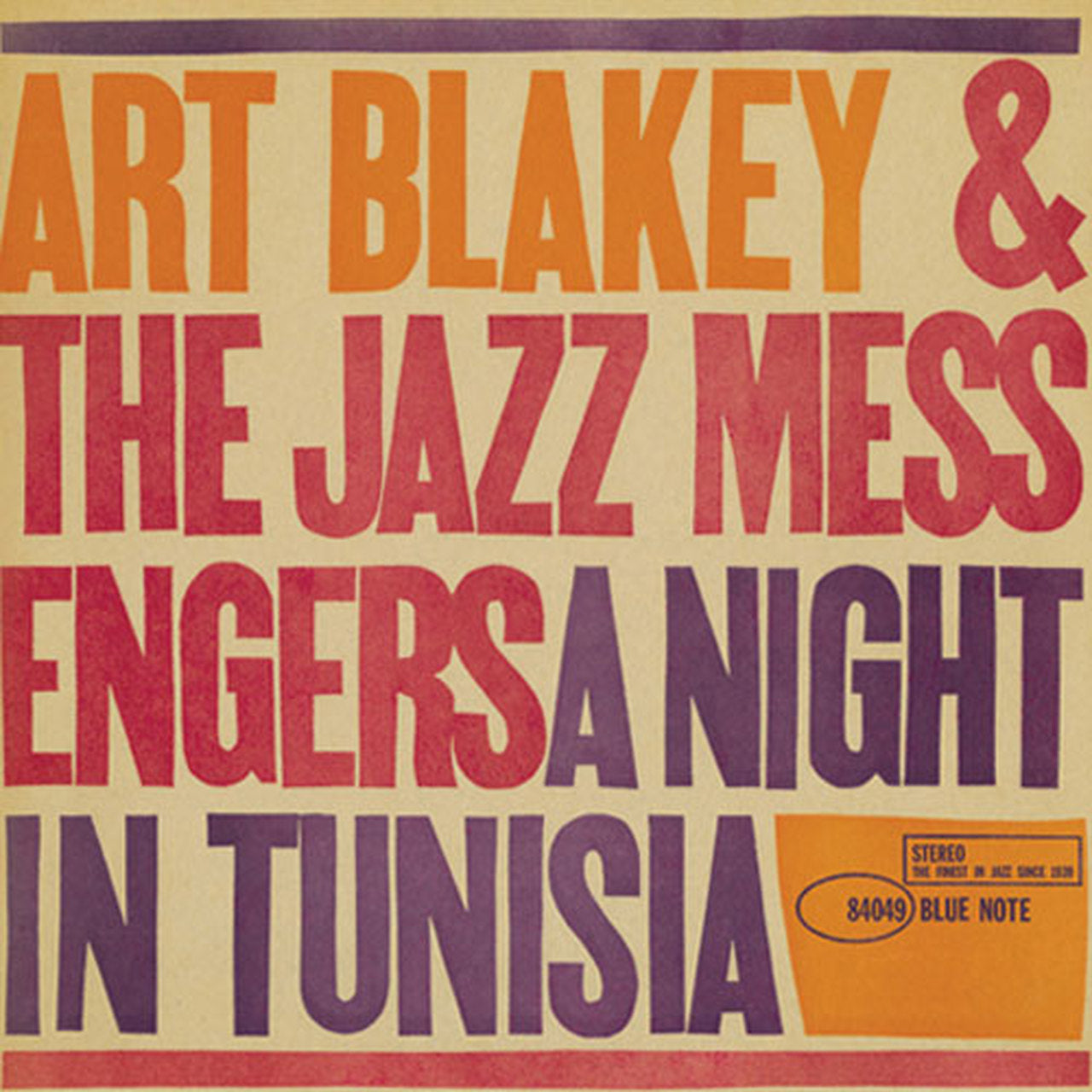 Art Blakey & The Jazz Messengers - A Night in Tunisia (180g vinyl) from Tandem Coffee Roasters features bold orange, red, and purple text on beige, with a small Blue Note label—honoring these hard bop legends.