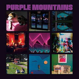 A grid of nine colorful photos, featuring a dog on a bed and neon lights, sits beneath "Purple Mountains - Purple Mountains" by Tandem Coffee Roasters—visuals as vibrant as the album's track list.