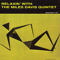 The Tandem Coffee Roasters Miles Davis - Relaxin with the Miles Davis Quintet album cover features abstract black shapes on yellow, with bold text on top. Iconic tracks like If I Were a Bell and Oleo shape its classic vibe.