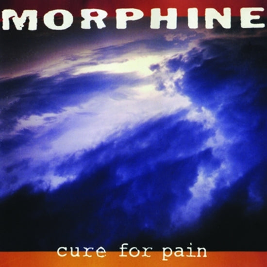 Album cover for Morphine - Cure for Pain by Tandem Coffee Roasters, displaying the band name in bold white above a moody sky with blue and purple tones, reflecting the soulful baritone saxophone that shapes their iconic sound.